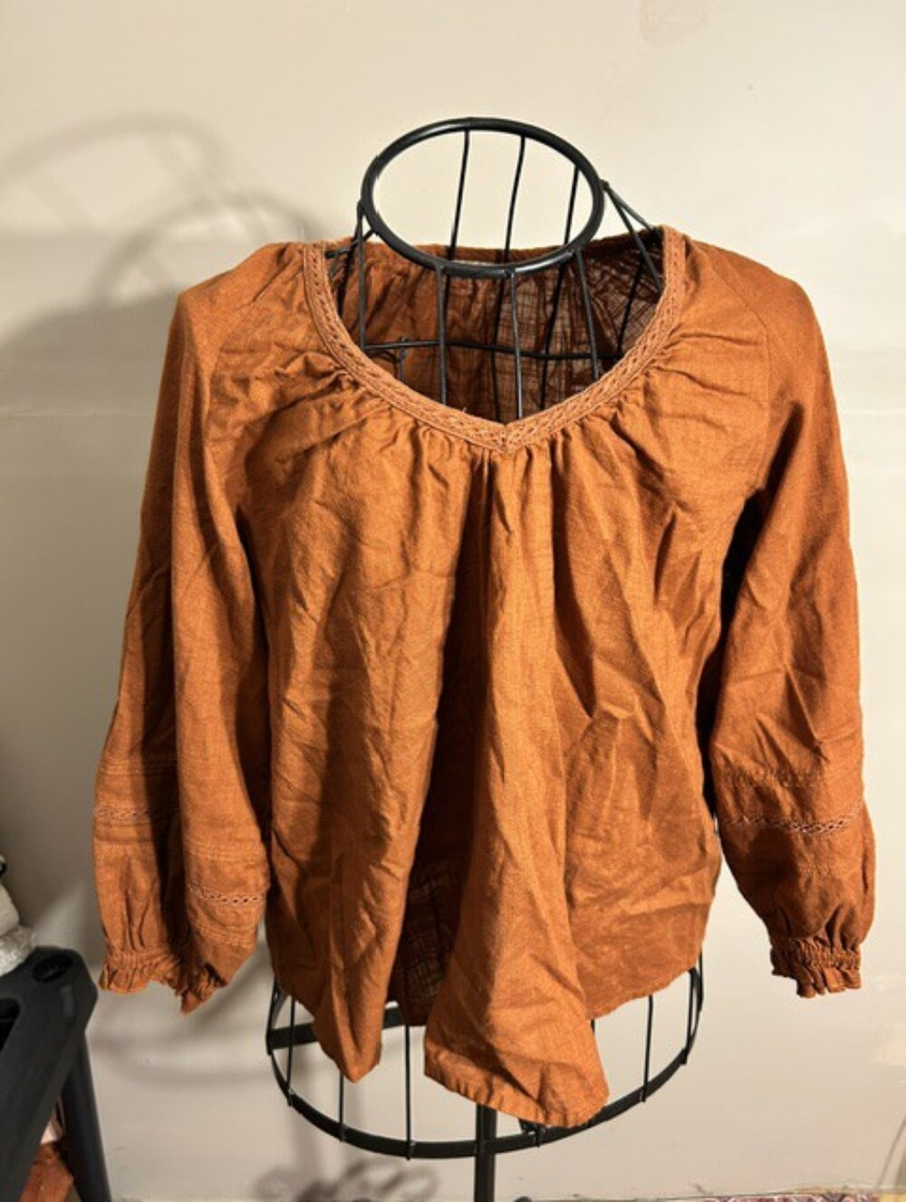 cotton boho size medium womens shirt top long sleeved blouse orange